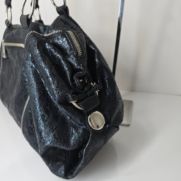 Express Black Cracked Leather Hobo Bag Shoulder Purse Shiny Large Satchel - Picture 8 of 12